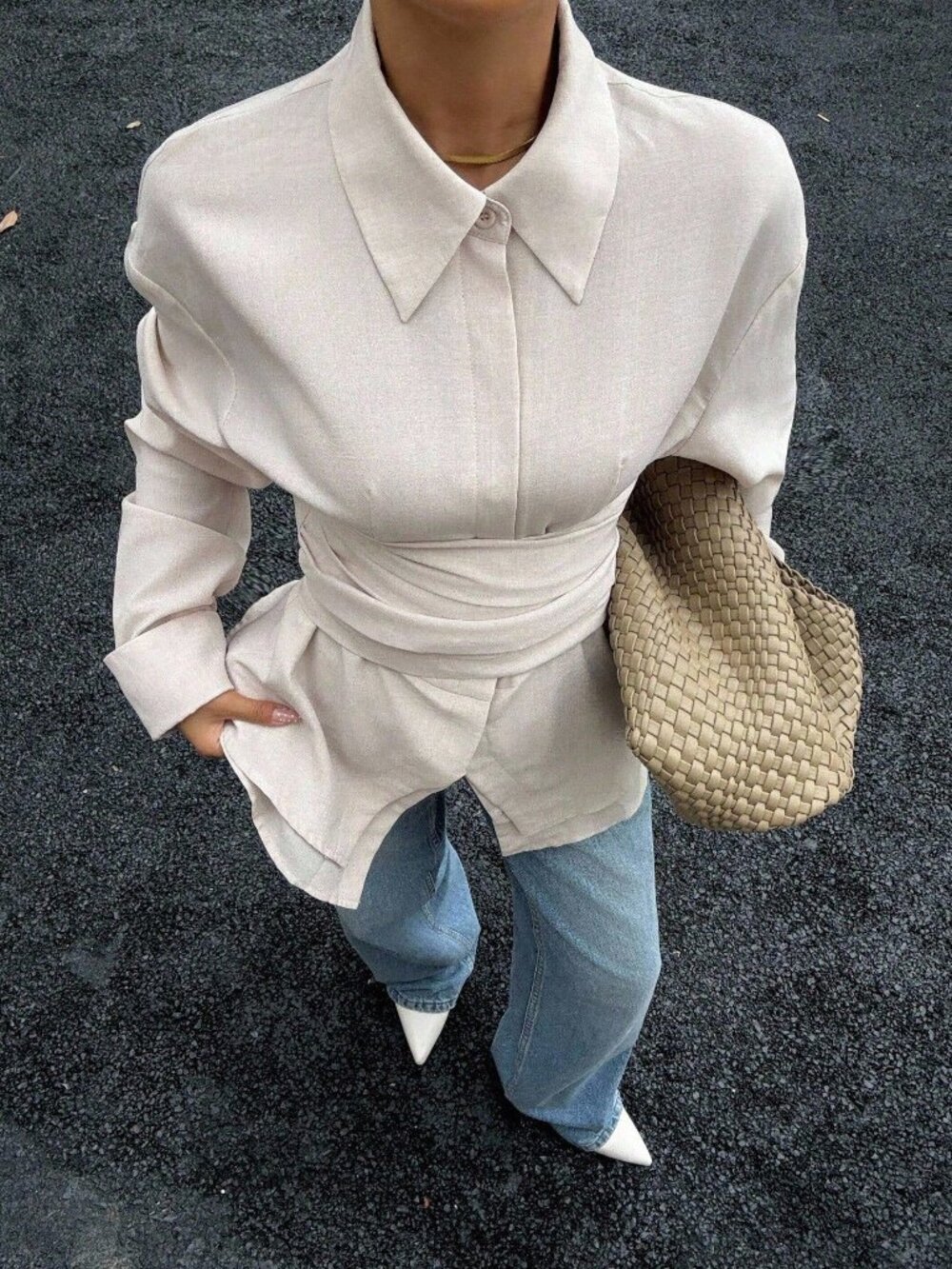 Apricot Casual Women's Asymmetrical Drop Shoulder Collared Long Sleeve Shirt